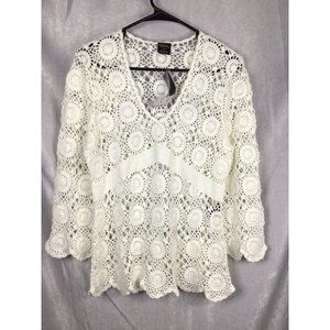 Women's White Crochet 3/4 Sleeve Sweater Size Large by Tribal NWT